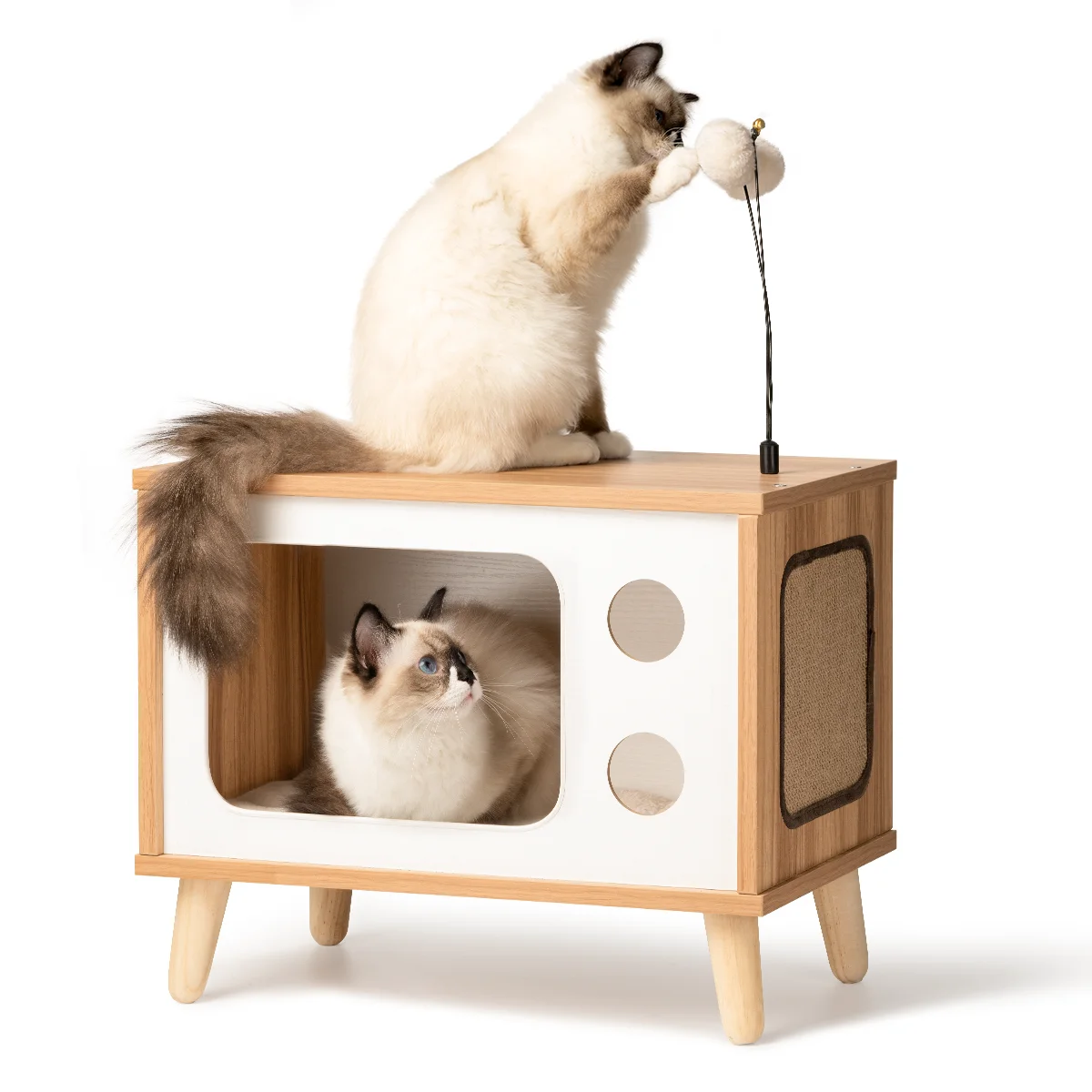 MewooFun Wooden Cat House Condo Bed TV-Shaped Cat Furniture with Cushion Cat Scratcher Bell Ball Toys