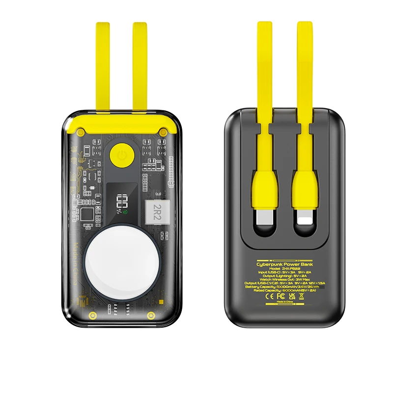 New Product Transparent Portable Power Bank 10000mah With Two Built-in Cables Magnetic Power Bank For Apple Watch and Phones