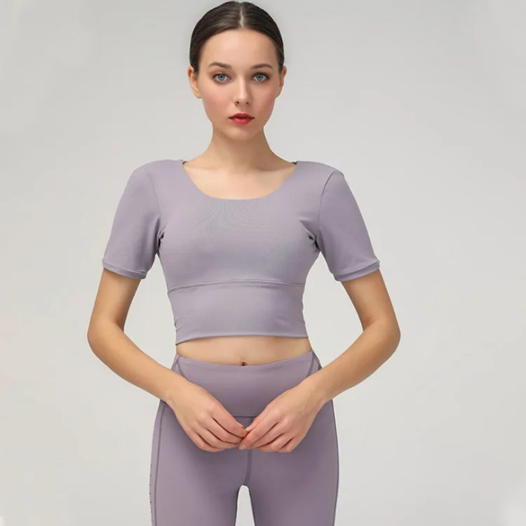 Custom Solid Color Fashion Two Piece Women Clothing Sexy Yoga Sport Top Short Sleeve Yoga Set Gym Wear Women Yoga Wear