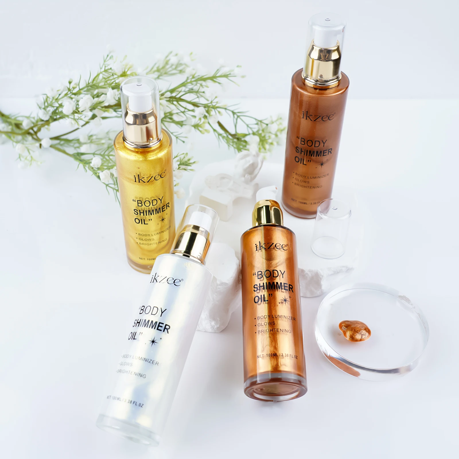 Private Label Vegan Shimmer Oil Makeup Face Glow Bronzer Highlighter Liquid Glitter Body Shimmer Oil