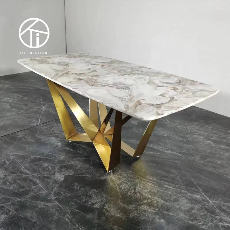 modern dining room fancy unique luxury gold stainless steel metal crossed leg stone marble dining table 8 seater