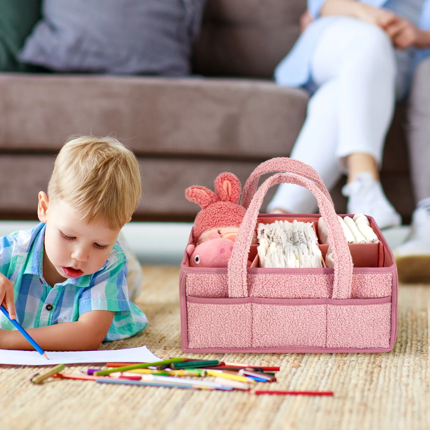 Custom LOGO teddy velvet baby mommy bag caddy organizer nappy storage basket for baby