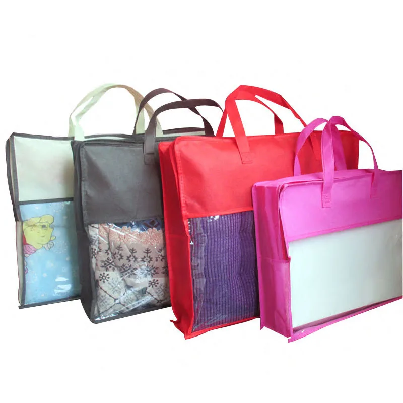 custom print brand logo eco friendly non woven handle bag pvc for Quilt Towel bed sheet packaging with clear window