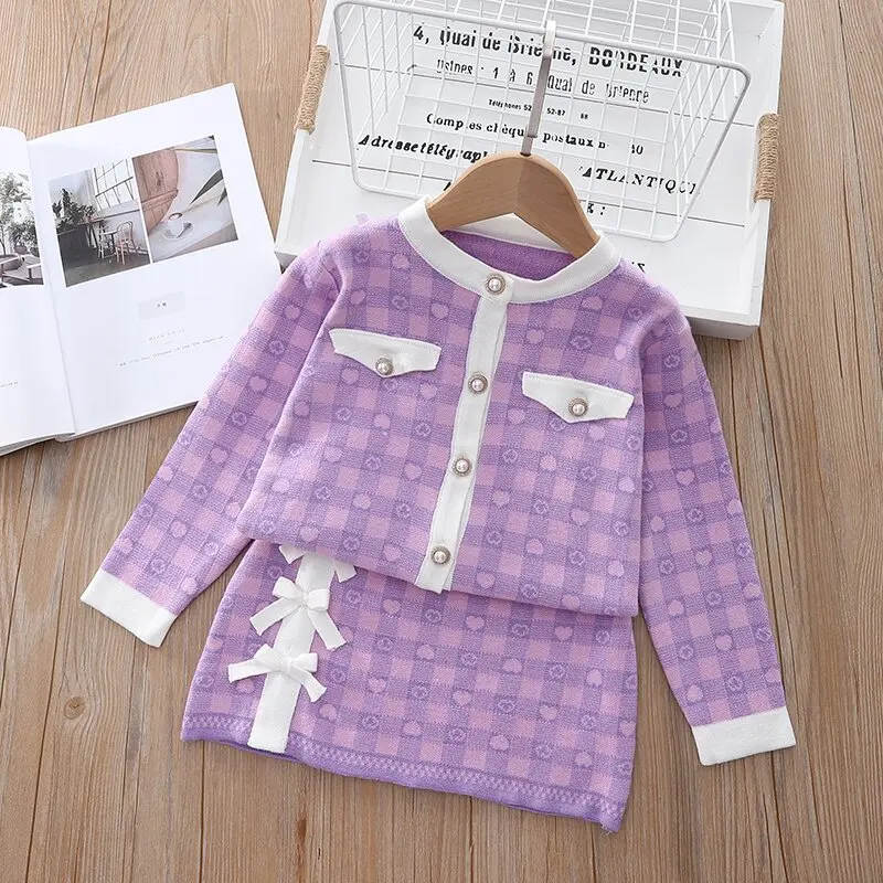 Autumn Toddler Baby Kids Girls Clothes Sets Long Sleeve Hairball Knit Tops Sweater+button Mini Skirt Warm Outfits Sets