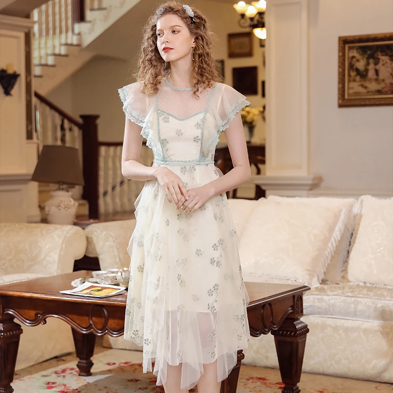 Long Dress Vintage Summer Apricot Green Embroidered Lotus Leaf Dress Girls Birthday Princess Dream Dress