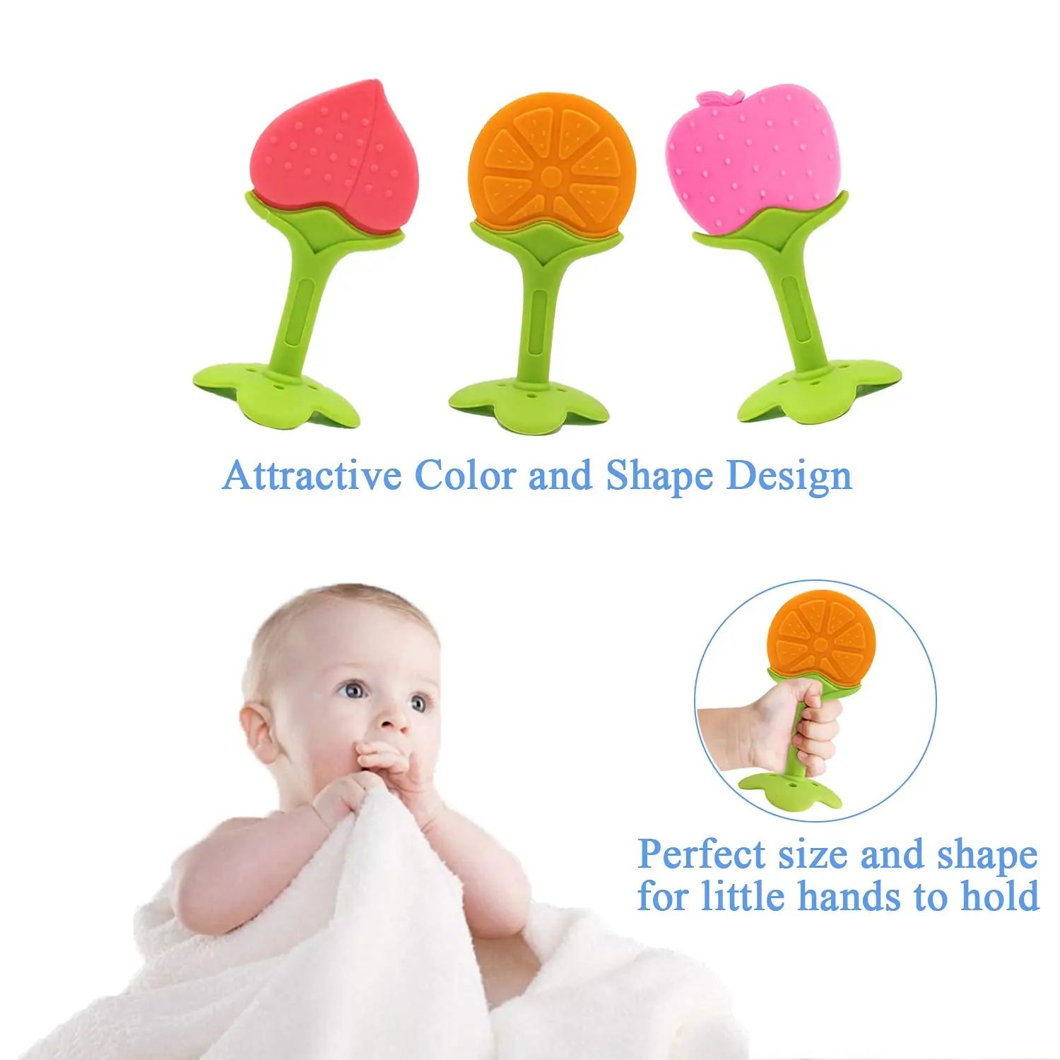 
Eco Friendly Soft Baby Teether Fruit Teething Toy Food Grade Approved Silicone Baby Teether Set 