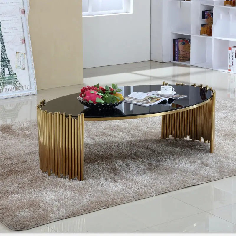 European style industrial style tempered glass oval coffee table hotel restaurant living room villa stainless steel coffee table