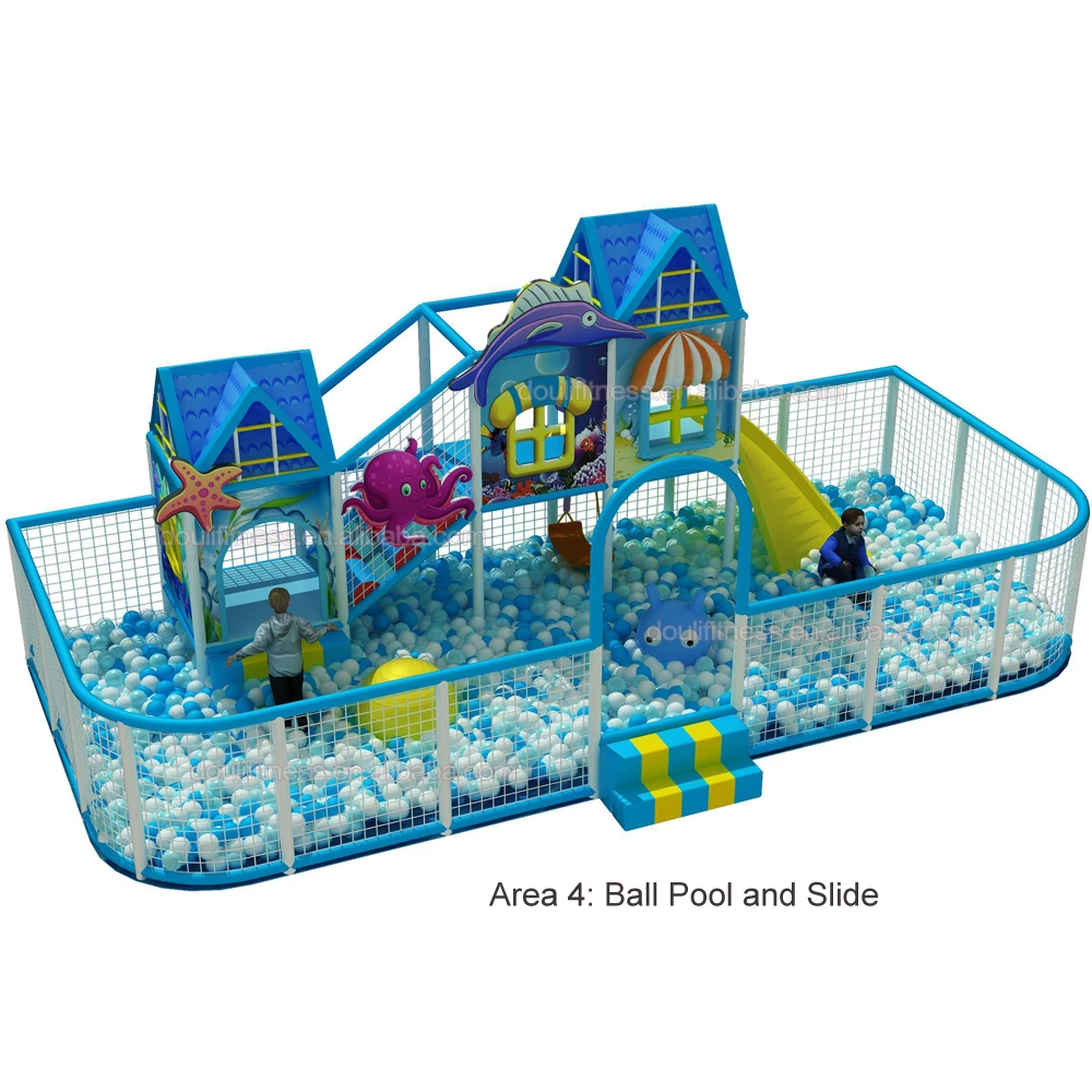 Douli customizable kids large 305sq.m oceam themed 4 in 1 indoor naughty castle snow slide obstacle course bool pool playground