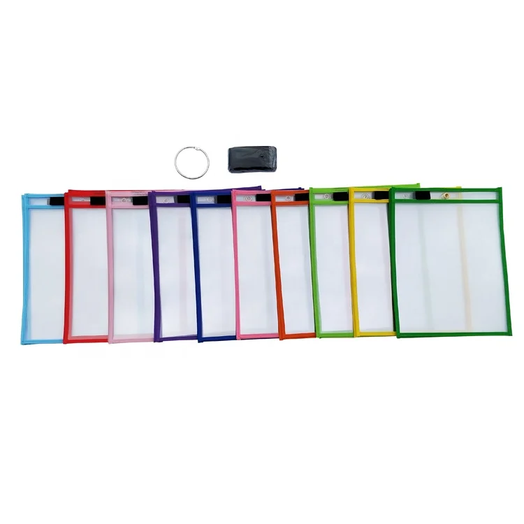 Multicolored A4 student supplies durable PVC plastic dry erase pocket sleeves for classroom organization teaching