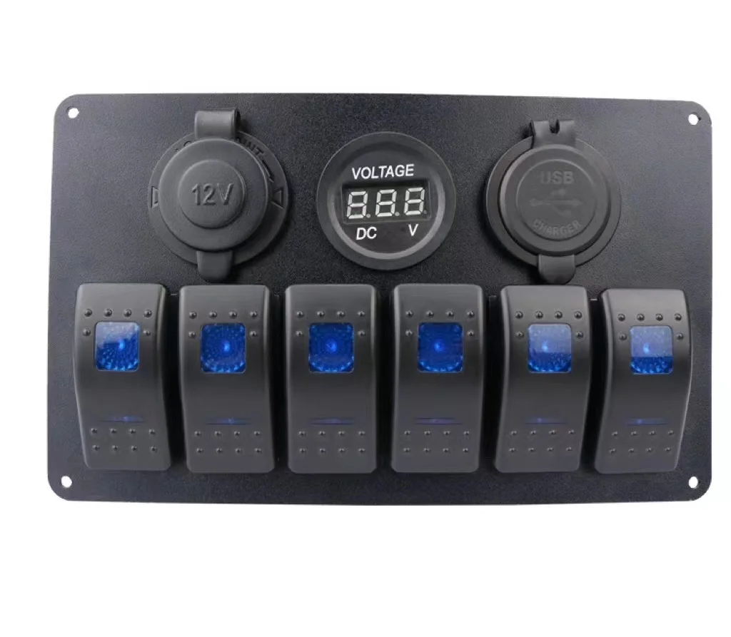 Waterproof 12V 24V 6 Gang Switch Aluminum Car Truck Switch Panel With Cigarette Lighter Adapter Dual USB And Voltmeter