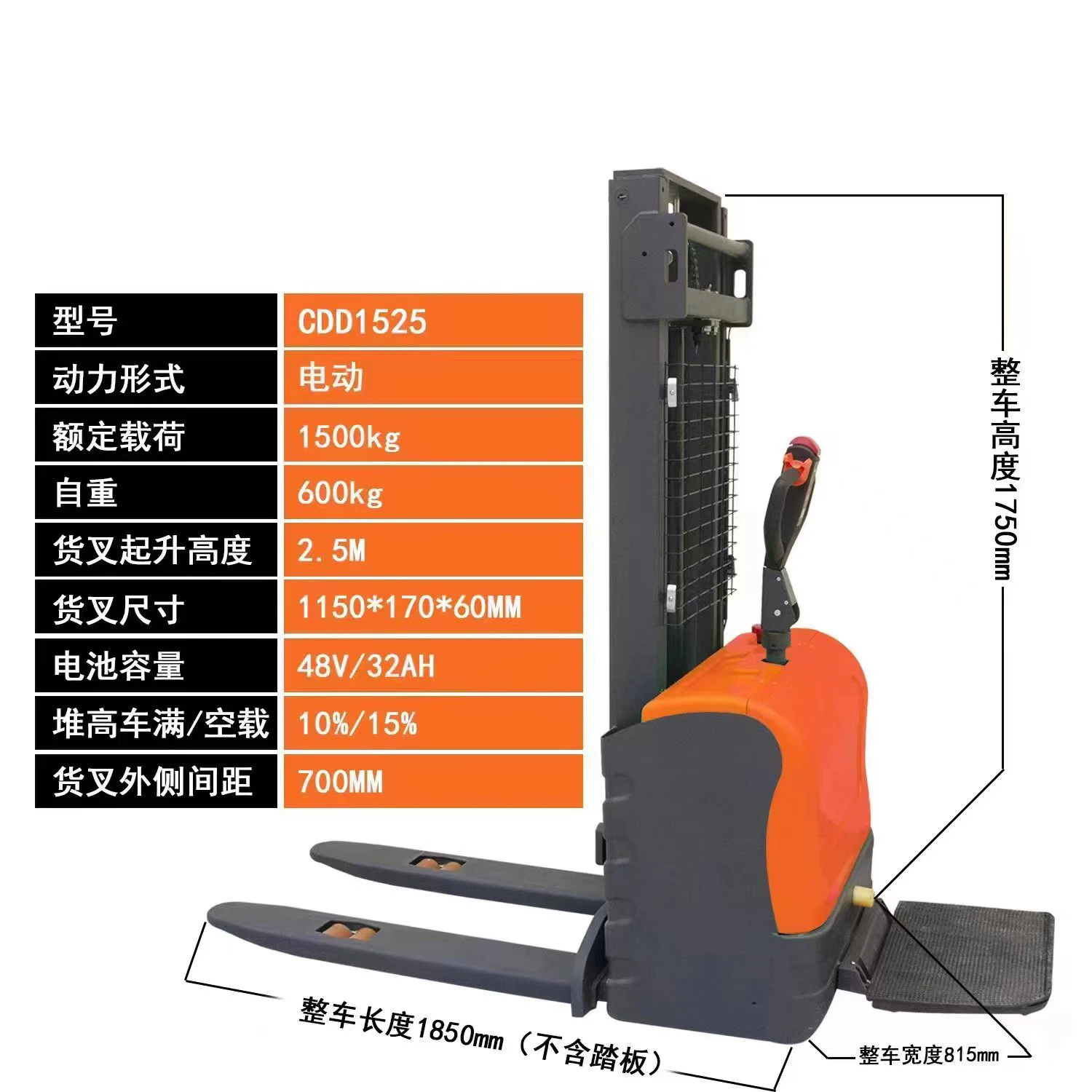 all electric walking forklift 1ton 1.5 ton pallet stacker electric stacker With charger battery Small space use fork lift