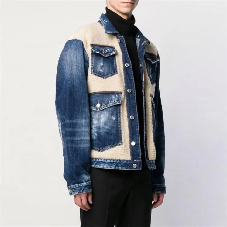 Custom printed patchwork berber fleece demin jacket for men
