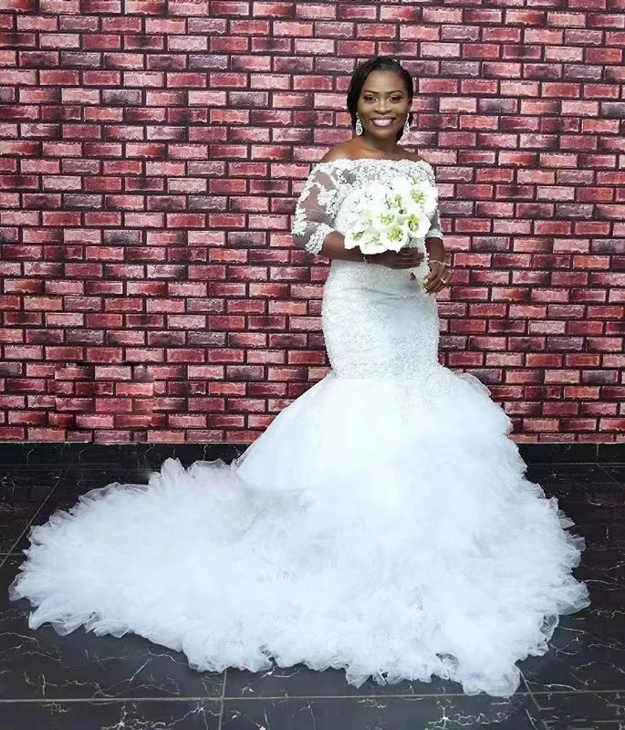 Plus Size African Mermaid Wedding Dresses Women 2022 Half sleeve Tiered Cascading Ruffles Mermaid Dress Bridal Gowns