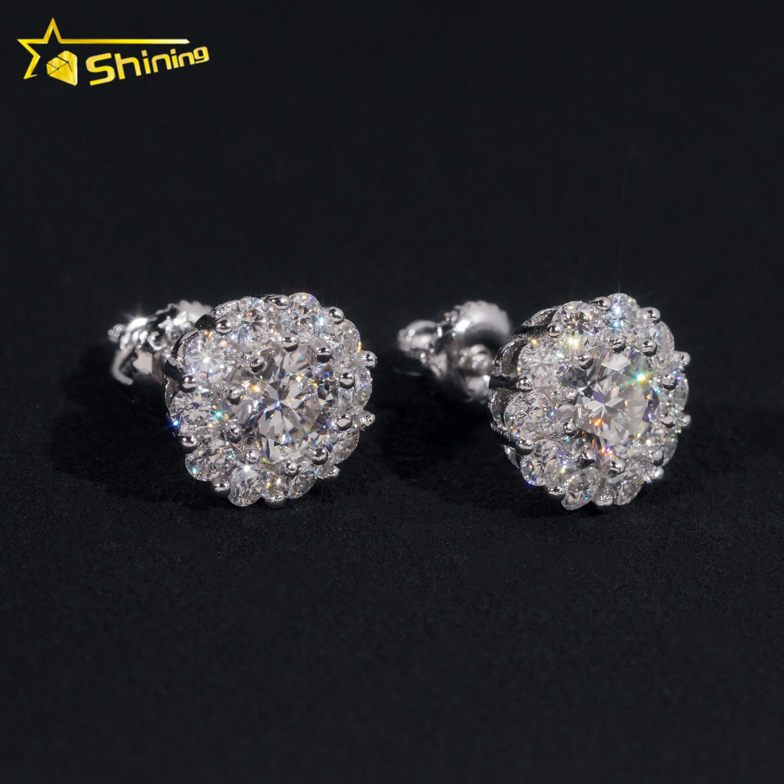 Hip Hop Jewelry Pass Diamond Tester GRA Certified Stocks VVS Diamond 925 Sterling Silver Cluster Moissanite Stud Earrings