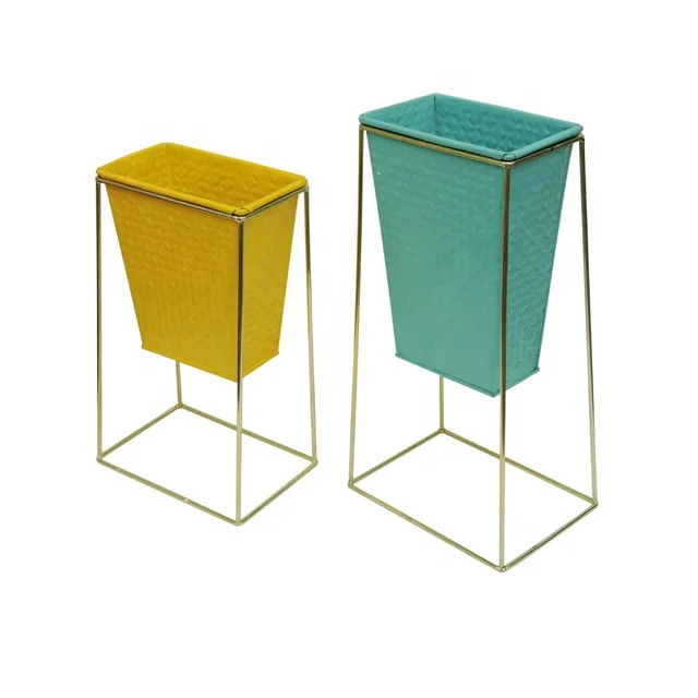 Оцинкованный тисненый Настольный плантатор с железной подставкой (набор из 2) Золотой желтый и зеленый цвет декоративный элемент для украшения дома