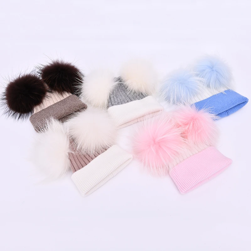 Wholesale Thick Warm Custom Logo Real Fur Pom Pom Hat Cute Ball Skull Luxury Winter Soft Cashmere Knitted Kids Beanie Supplier