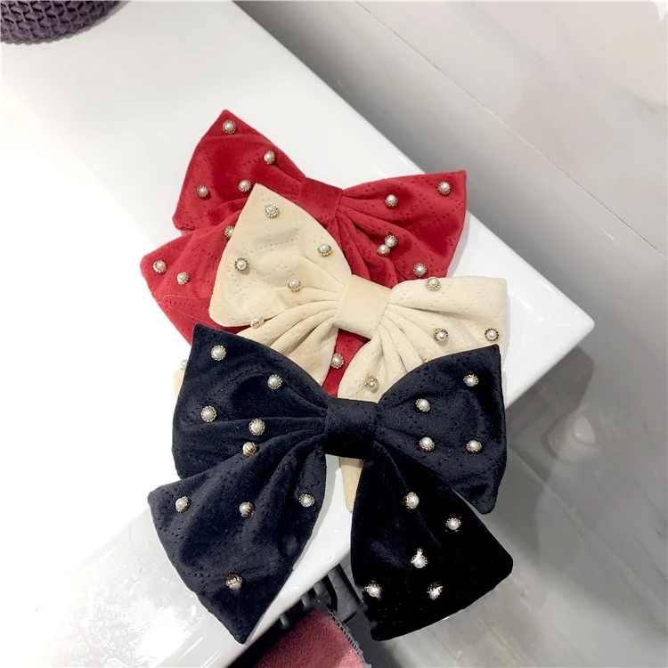 Dream Fashion Vintage Bow Denim Fabric With Colored Crystals Pearl French Spring Hair Accessories For Girls