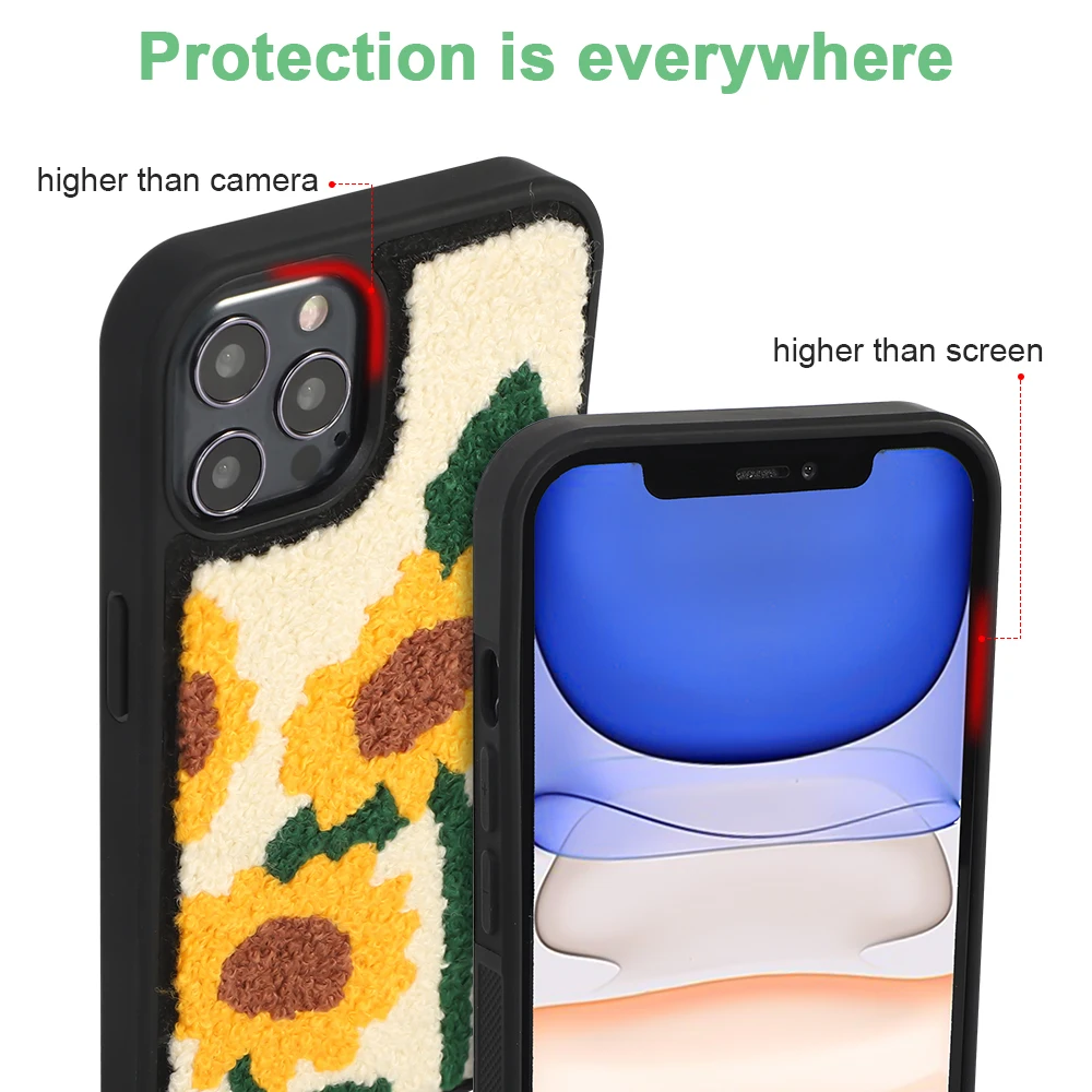 Sunflower wool felt handmade embroidered chessboard mobile phone case female cute 3d luxury designer phone cases for iphones