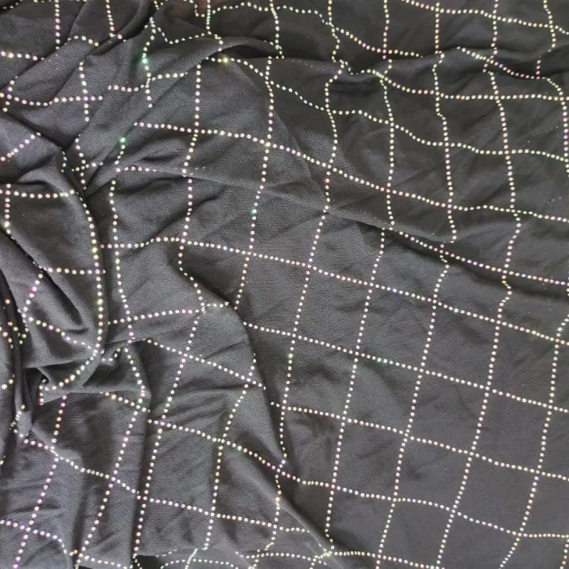 Soft Elastic Mesh Fabric  Spliced Black AB Color Diamond Rhinestone Fabric Rhomboid Network Fishnet Cloth