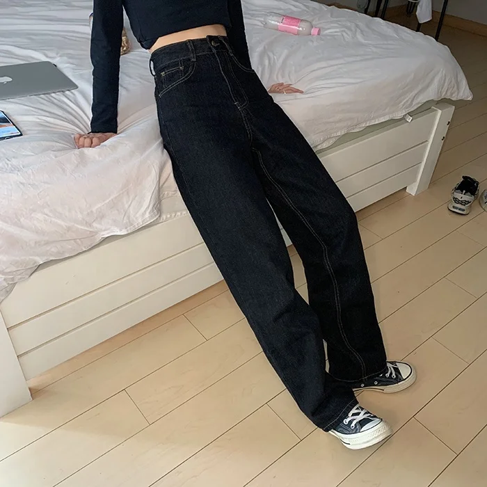 Vintage High Waist Women Black Jeans Korean Fashion Streetwear Wide Leg Jean Female Denim Trouser Straight Baggy Mom Denim Pants