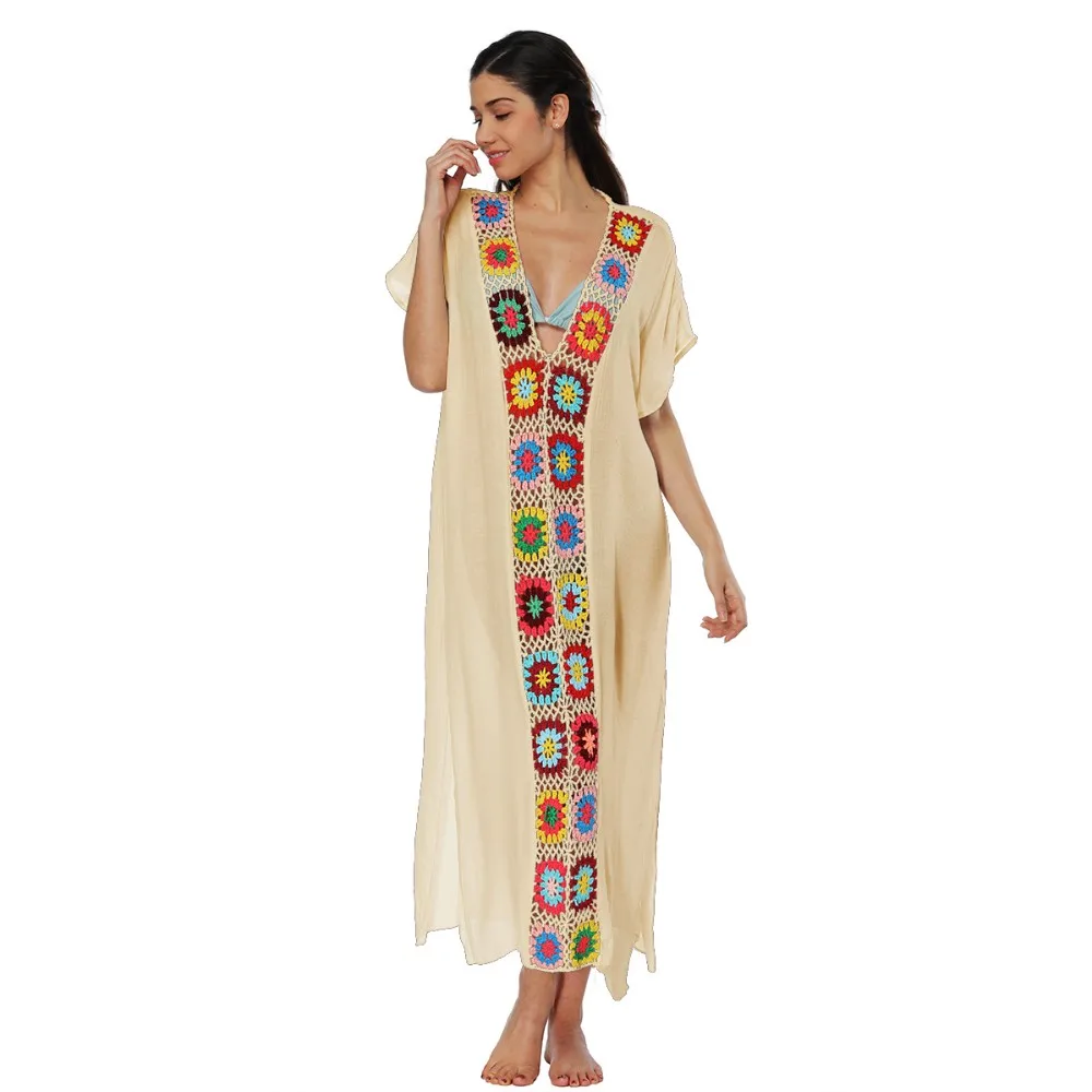 Wholesale Summer Granny Square Crochet Beach Maxi Long Dress Coverups Women Vestido Bohemio De Playa