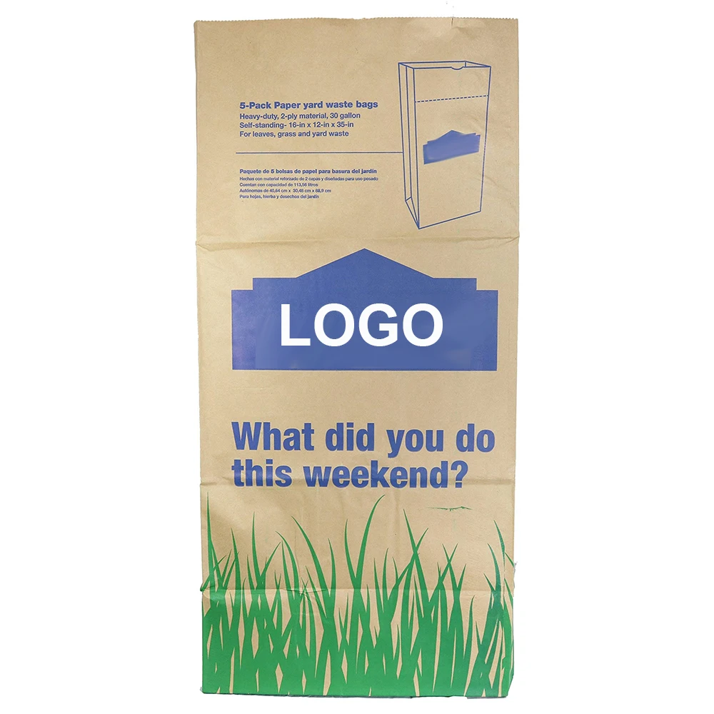 Custom Logo Printed 30 Gallon Heavy Duty Thick Kraft Paper Brown Bag Lawn And Leaf Refuse Paper Bags For Home And Garden