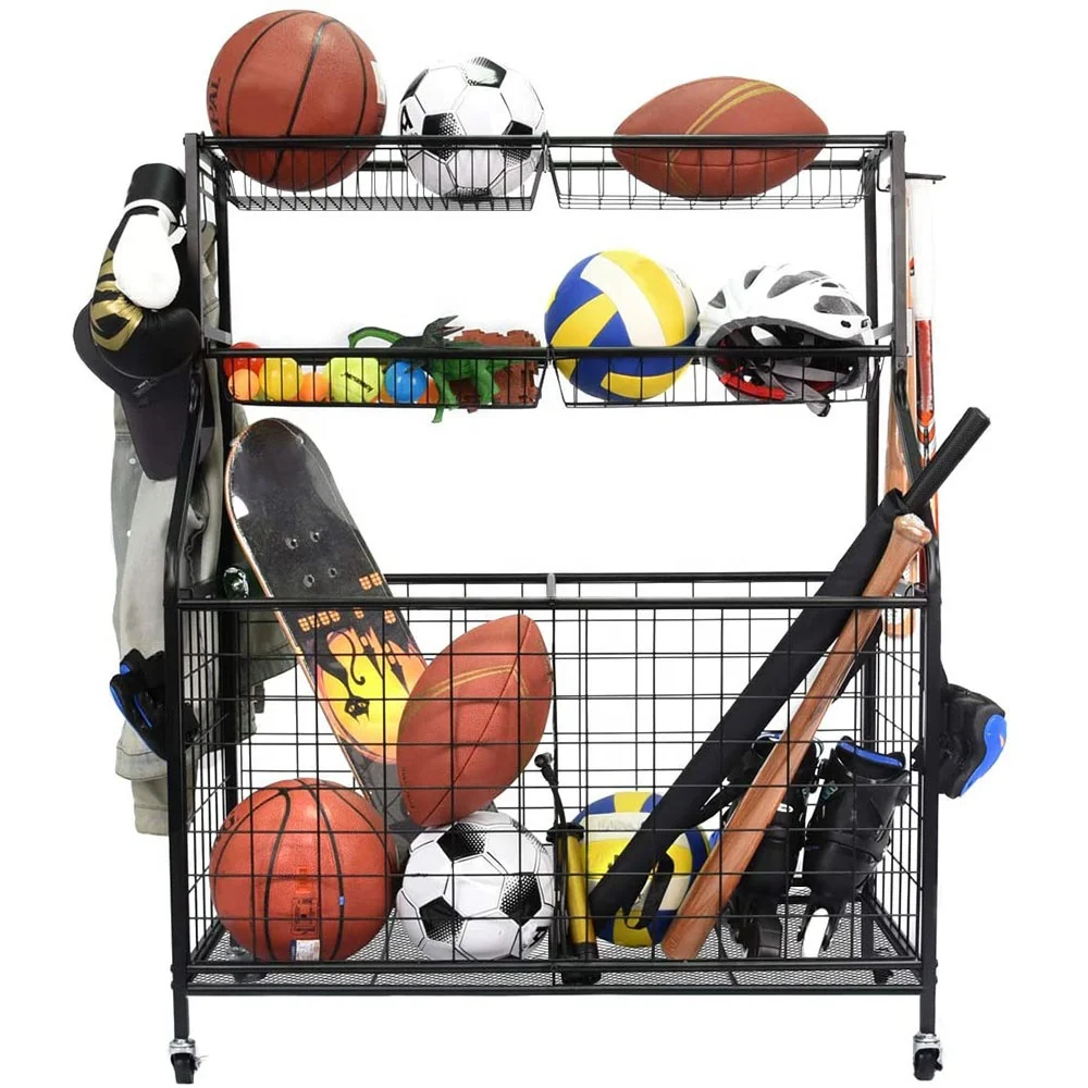Garage Sports Equipment Organizer,Metal Floor Ball Storage Cart Racks for Garage with Hooks,Baskets and 4 Universal Brake Wheels
