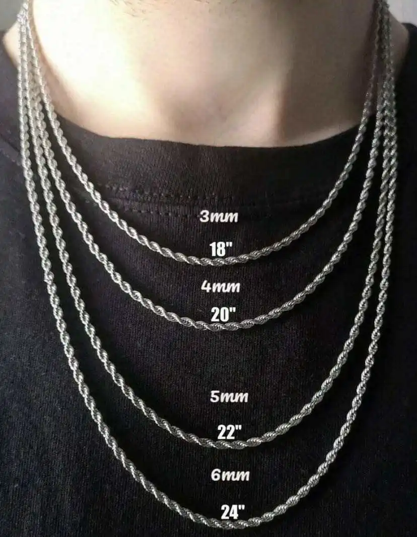925 Sterling Silver 4mm 5mm 6mm 7mm Rope Chain Necklace Custom Gold Plated Hip Hop Rope Chain For Men