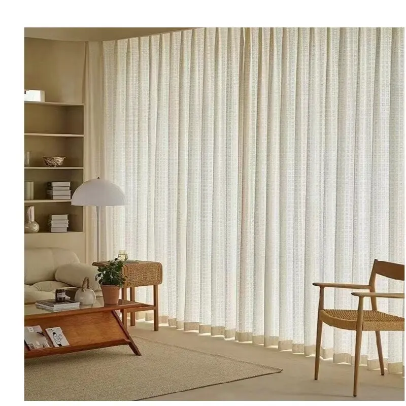 Japanese style curtains, cream colored checkered window screens, minimalist style