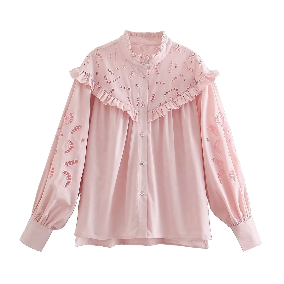 O Neck Long Sleeve solid color Hollow Out Embroidery Linen Pink Blouse For Women