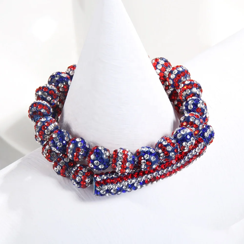 New Fashion 10mm Shiny American Flag Rhinestone Soft Clay Ball Elastic 2pcs Bracelet Set American Independence Day Jewelry