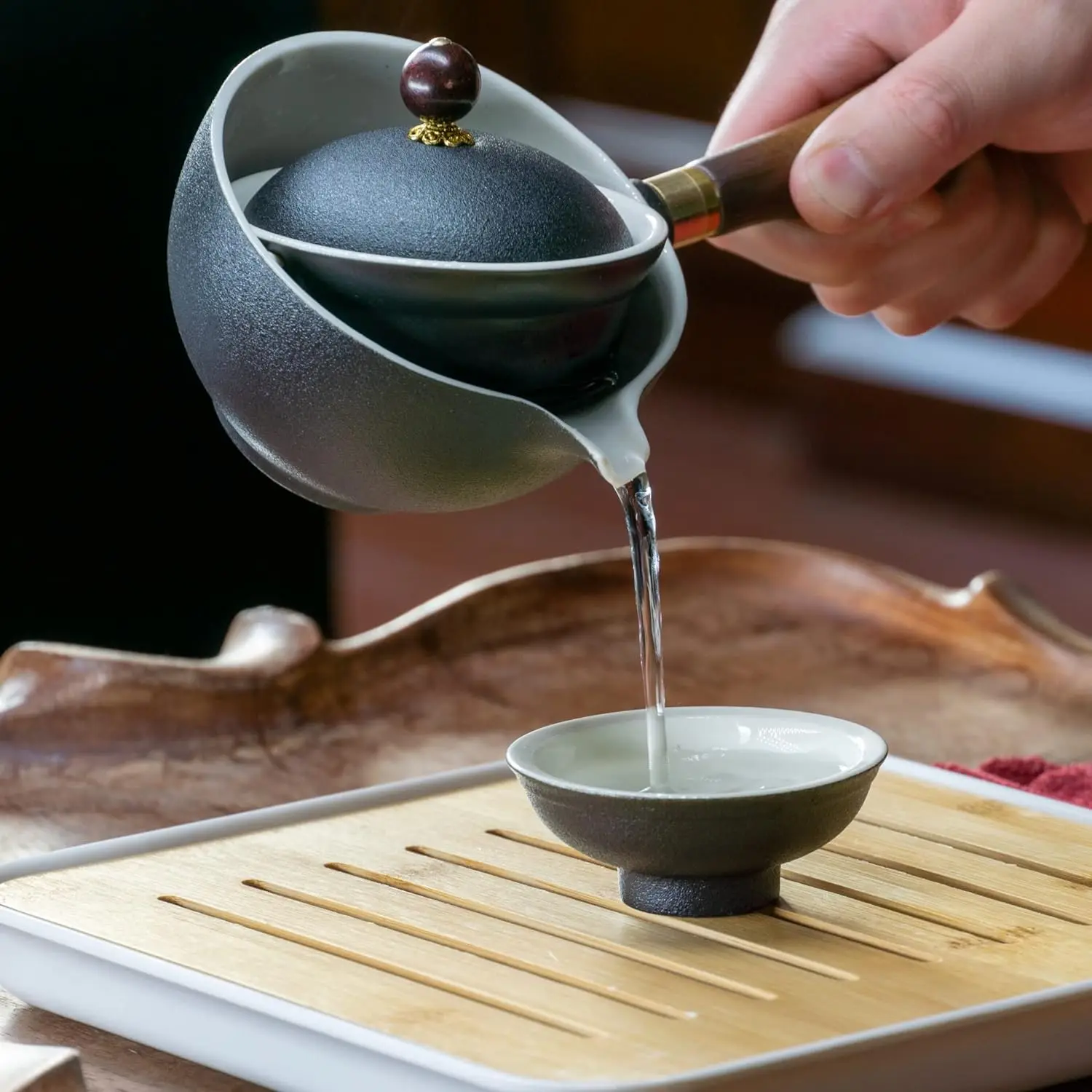 Porcelain Chinese Travel Gongfu Tea Set,Portable Teapot Set with 360 Rotation Tea maker and Infuser All in One Gift Bag