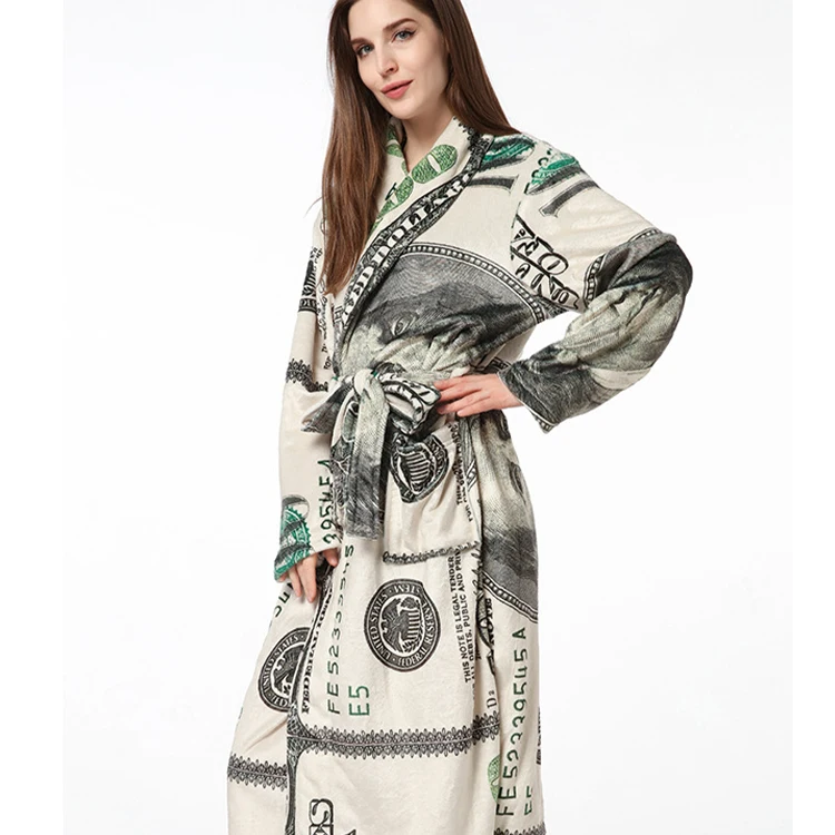 Flannel velvet bath robe bathrobes nightgown pajamas dollar billion women money print robes