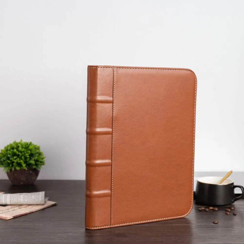 Fashion Leather Business Folder Portfolio Bag A4 Brown File Folder Organizer Full Zipper Closure Padfolio