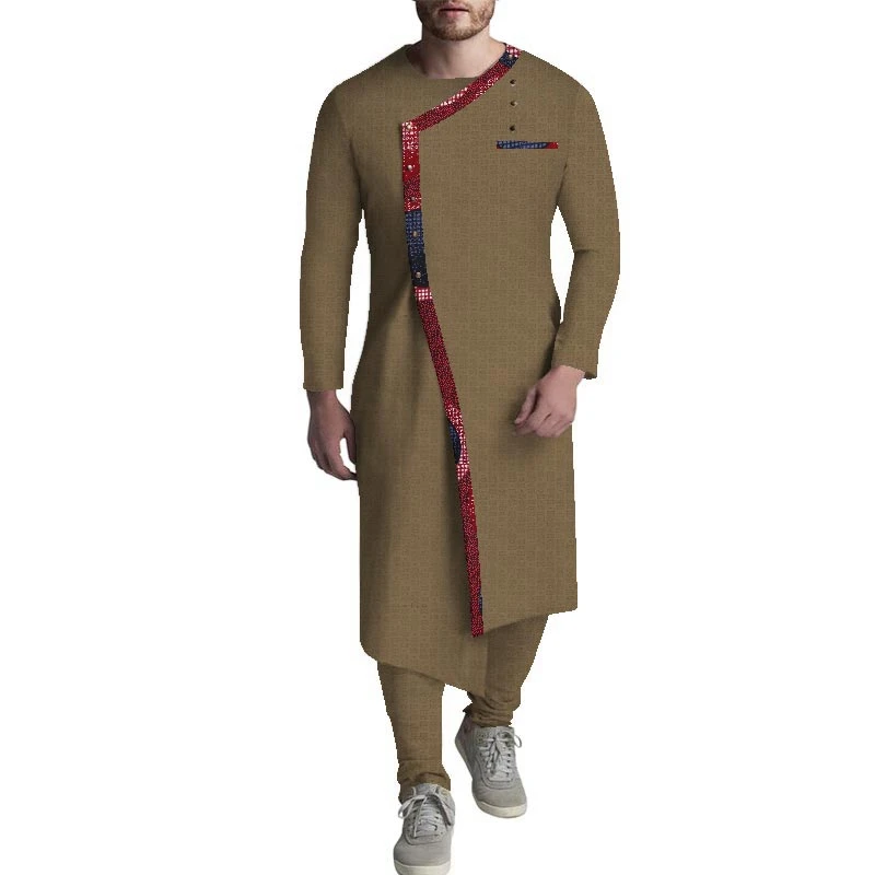 wyn1057 High Quality Printed Two Piece Set African Clothing Men Long Sleeve Blouse Men African Clothes