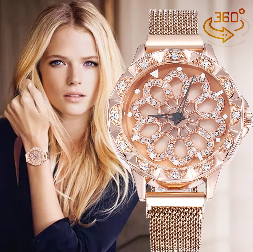 Magnet Buckle Wrist Watch Creative Design Quartz Watches Dial Rotatable 360 Degrees Ladies Luxurious Watches
