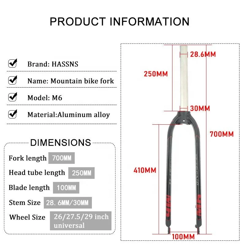 hot sale HASSNS M6 Aluminum alloy 26 27 5 29er Disc Brake rigid mtb fork