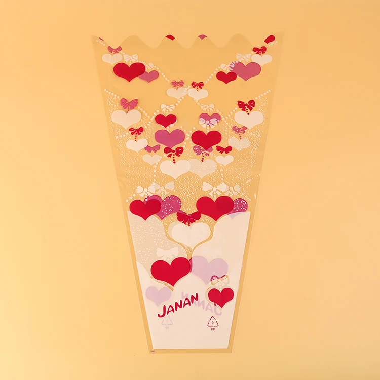 Hot Sale Heart Shape Design Bouquet Wrap clear Cellophane Printed Flower Sleeve