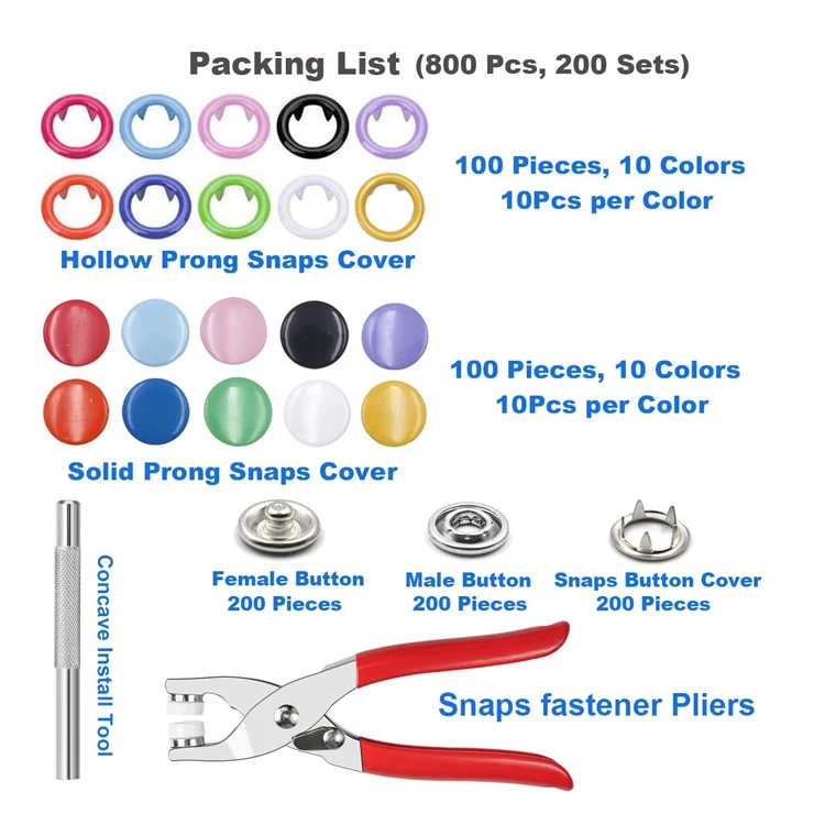 Hot selling 10 Colors 9.5mm Snap Fasteners Tool Kit Hollow and Solid Metal Prong Snaps Buttons Tools For Clothing