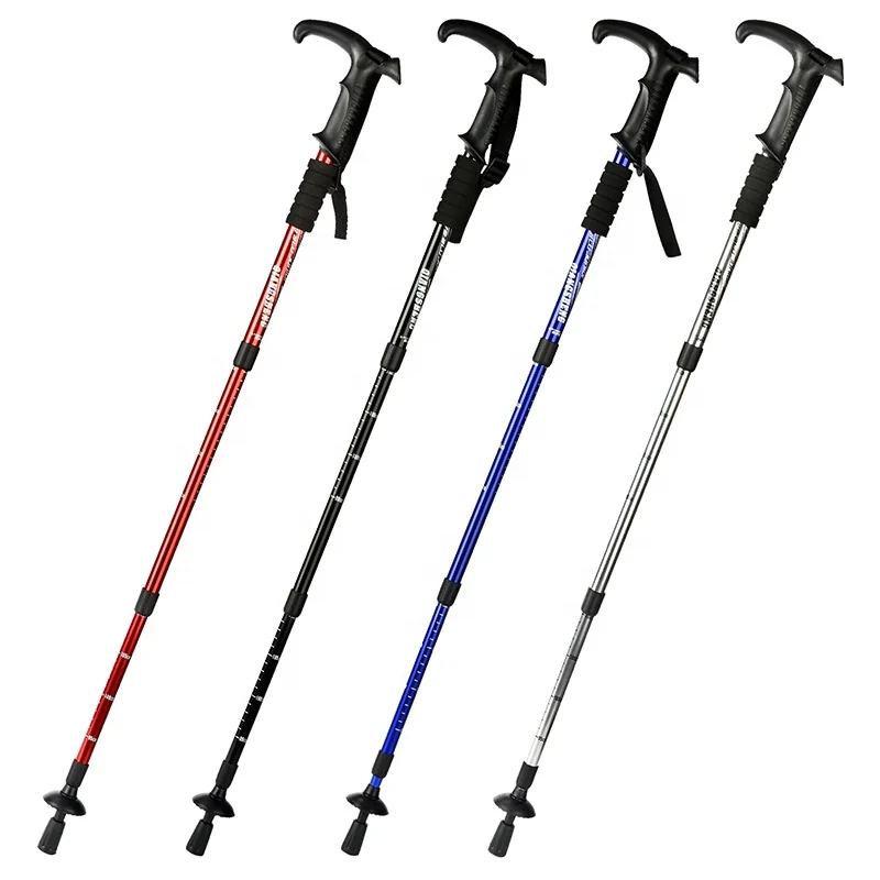 Travel supplies four-section ultra-light aluminum alloy shock absorber T-bend handle outdoor hiking trekking pole