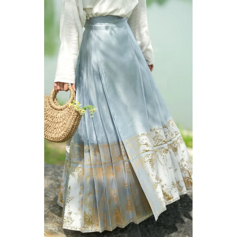 High Waist A-Line Quality Skirts Women Chinese Traditional Hanfu Pleated Horse Face Skirt
