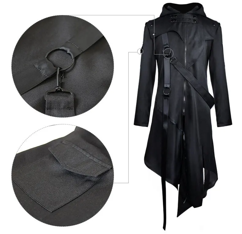 Mens Hoodie Jacket Gothic Steampunk Coats Irregular Hem Vintage Costume Uniform