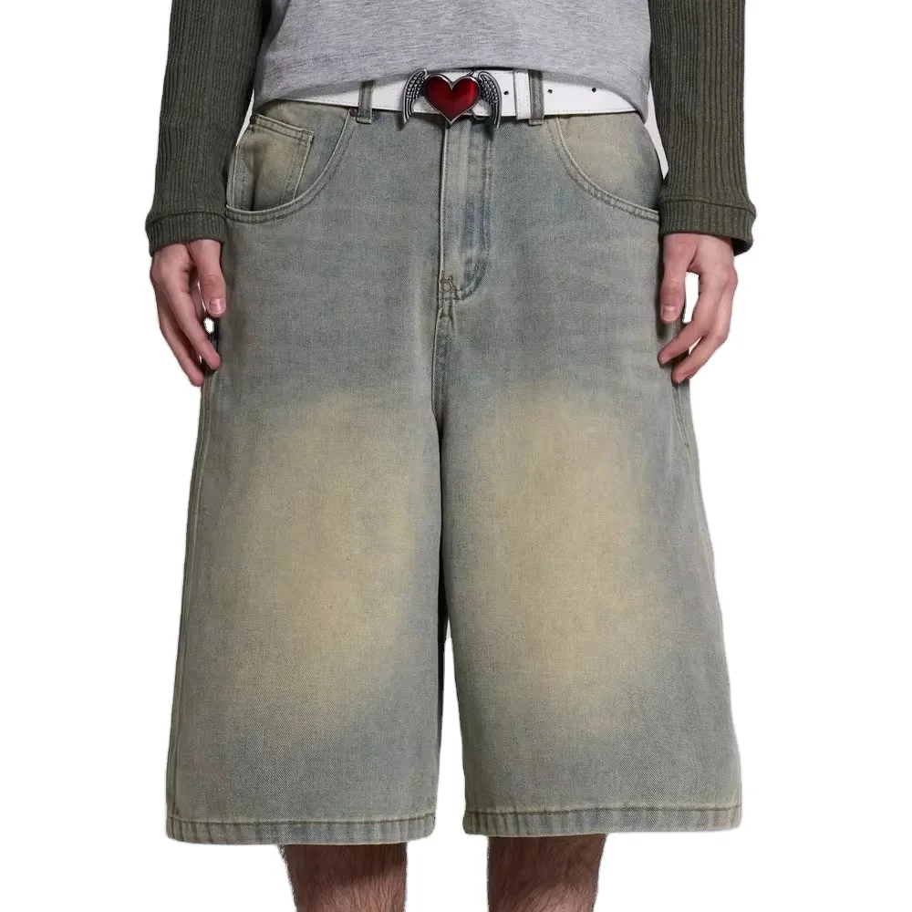 Wholesale Street Wear Loose Long Jorts Manufacturers Custom Logo Non-stretch Material Vintage Light Wash Mens Denim Shorts