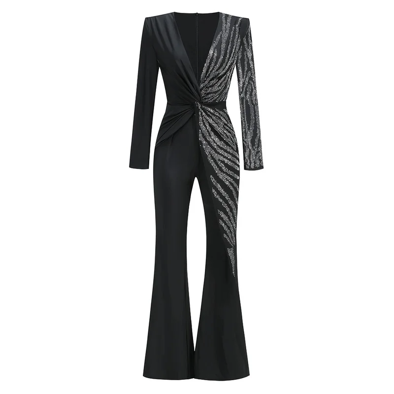 A8894 Elegant Styles Beaded Women One-piece Jumpsuit Black Long Pants Ladies Party Jumpsuit