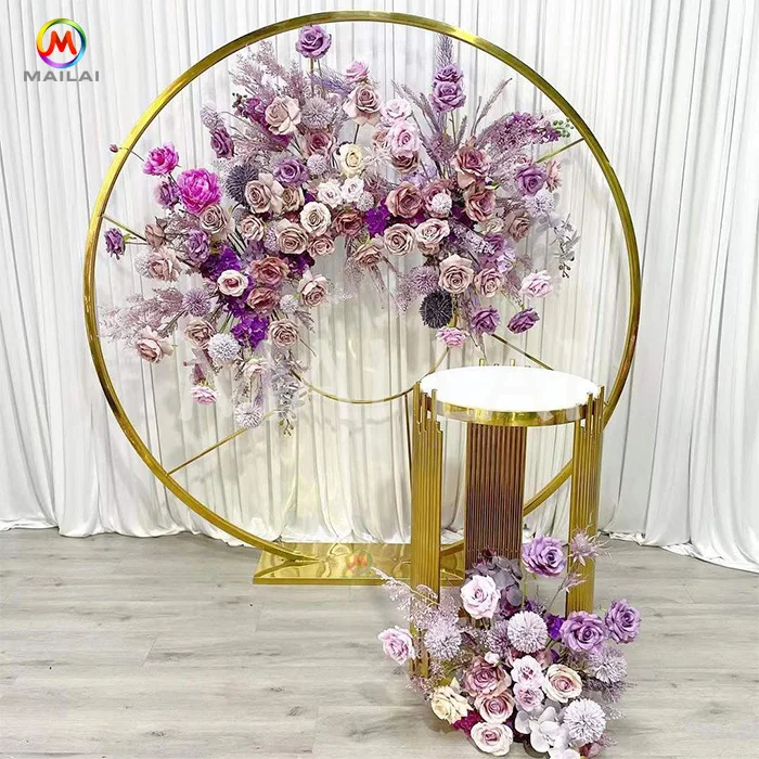 2022 Fashion Wedding Suppliers Circle Round Backdrop  Arch Stand Gold Stainless Steel background  For Event