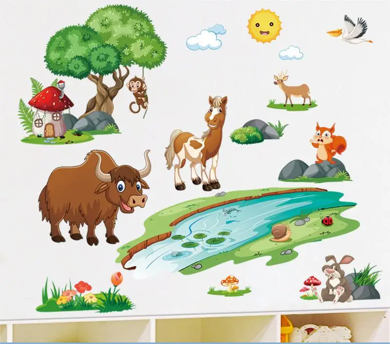 Little Horse Crossing the River Wall Sticker Cartoon animals  Decals  Living Room Decorative Wallpaper
