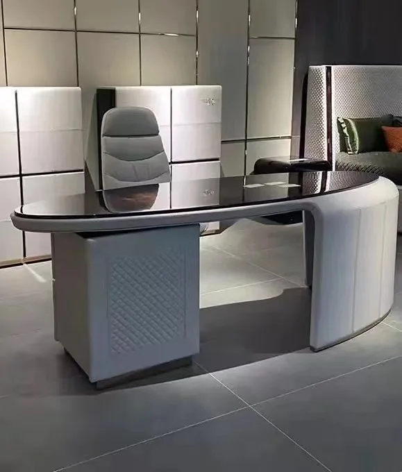 Sleek Contemporary Executive Office Desk with Integrated Shelves and Leatherette Details