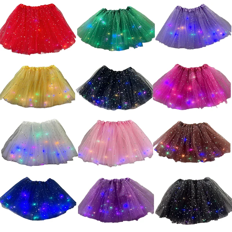 New 3-Layer LED Lights Sequin Children Ballet Tutu Princess Skirt Party Mesh Puffy Short Dress 3-8 Years Baby Girl Dance Wear