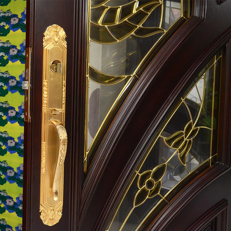 House villa modern solid core wooden front entry doors custom veneer solid wood main entrance door with fixed glass fanlight