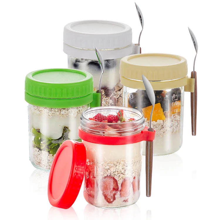 4pcs Set Cute 14oz Clear Embossed Glass Cups Vintage Iced Coffee Mugs Overnight Oats Containers with Bamboo Lids and Spoons